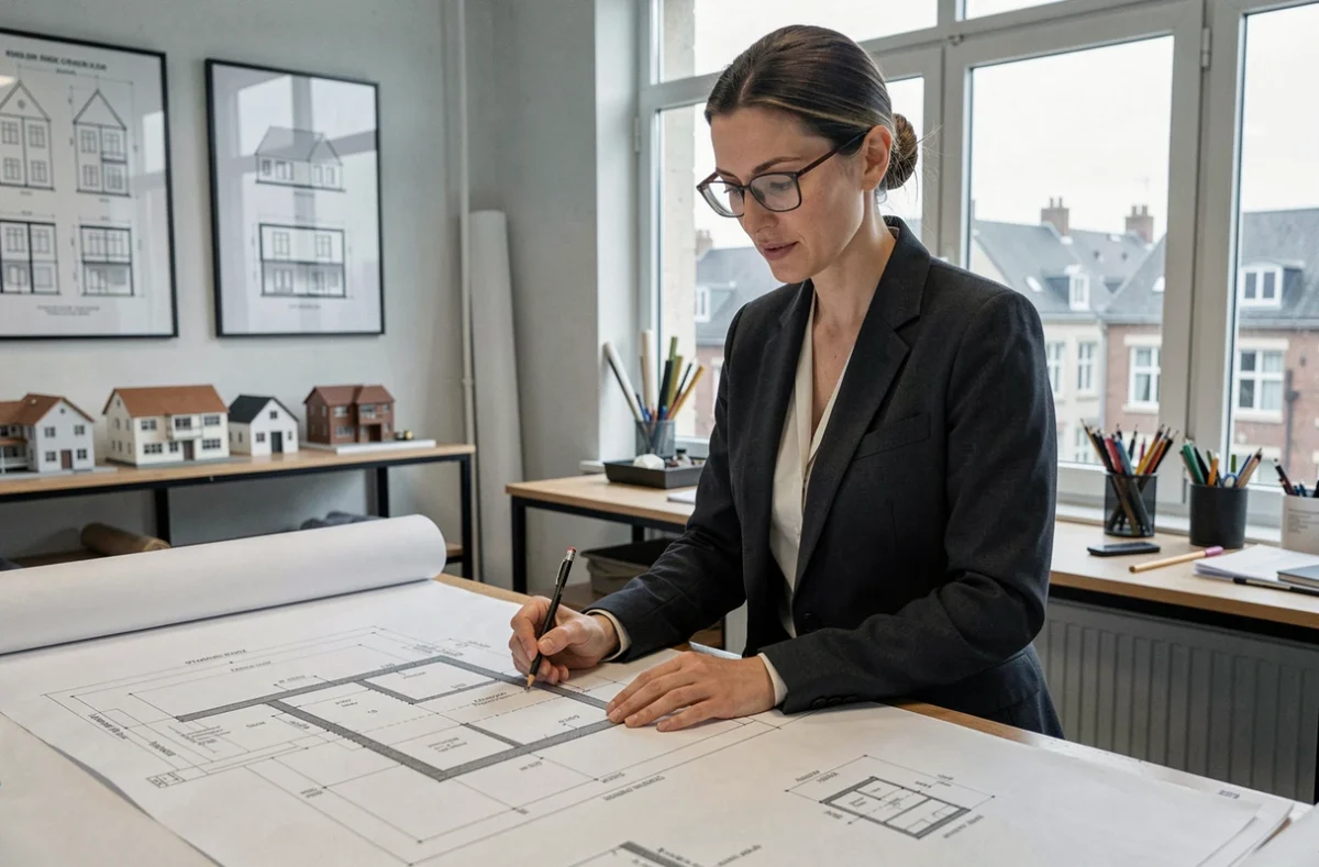 Architecte féminine examinant des plans de permis de construire dans un studio d'architecture à Lille pour Infine Architecture