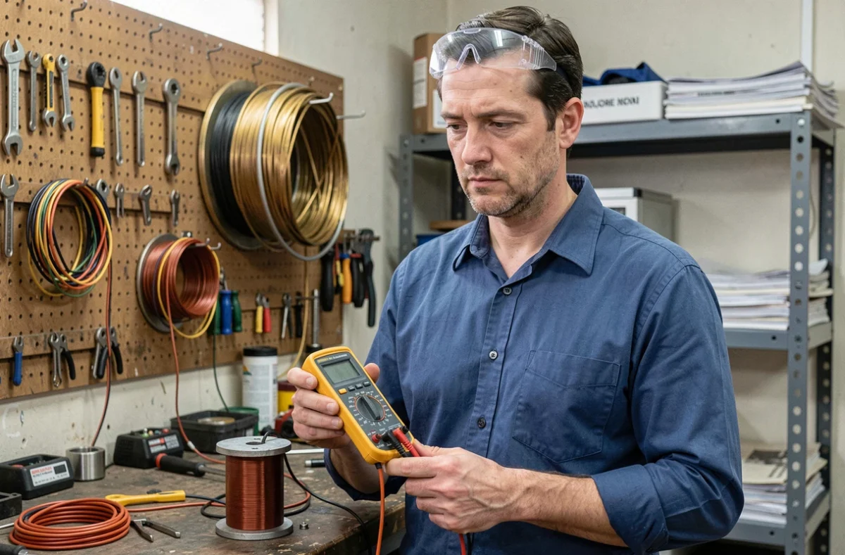 Ingénieur électricien évaluant un dispositif électromagnétique avec un multimètre dans un atelier professionnel