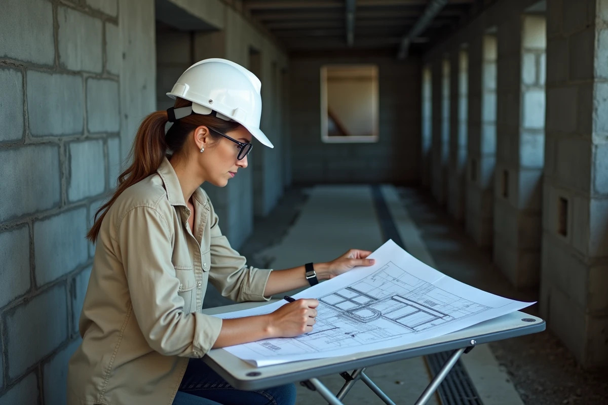 Ingénieure en structure analysant des plans techniques dans un sous-sol en cours de renforcement pour prévenir l'affaissement des fondations