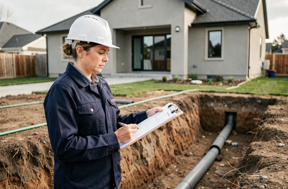 Inspectrice vérifiant la conformité du système de drainage d'une maison neuve sur chantier