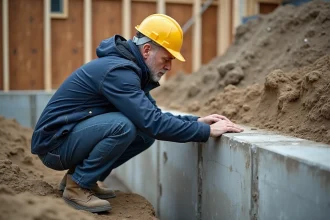 Ingénieur civil inspectant les fondations en béton armé sur un chantier de construction pour détecter des risques d'affaissement