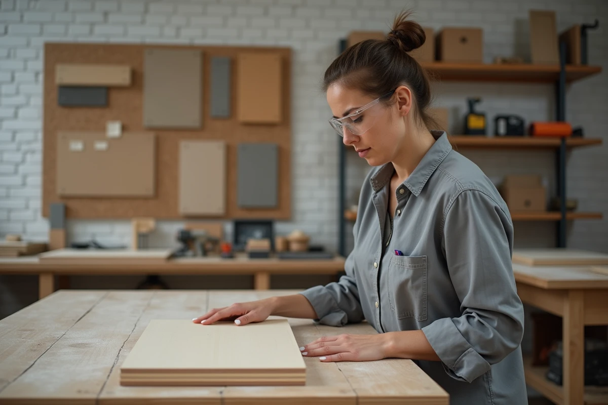 Femme inspectant visuellement un panneau de bois poncé pour évaluer la qualité de surface dans un atelier