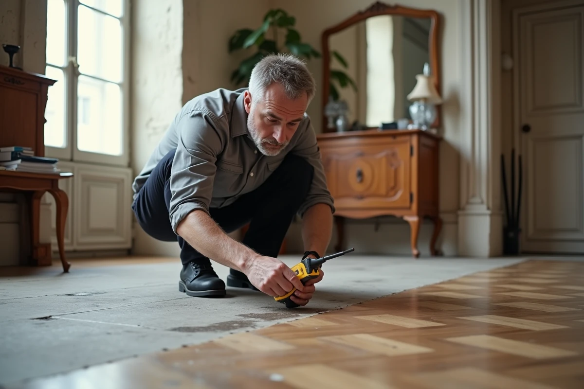 Professionnel inspectant un parquet en point de Hongrie noirci avec un hygromètre dans un appartement haussmannien