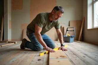 Artisan menuisier inspectant un plancher en bois gondolé avec un niveau à bulle lors de travaux de rénovation