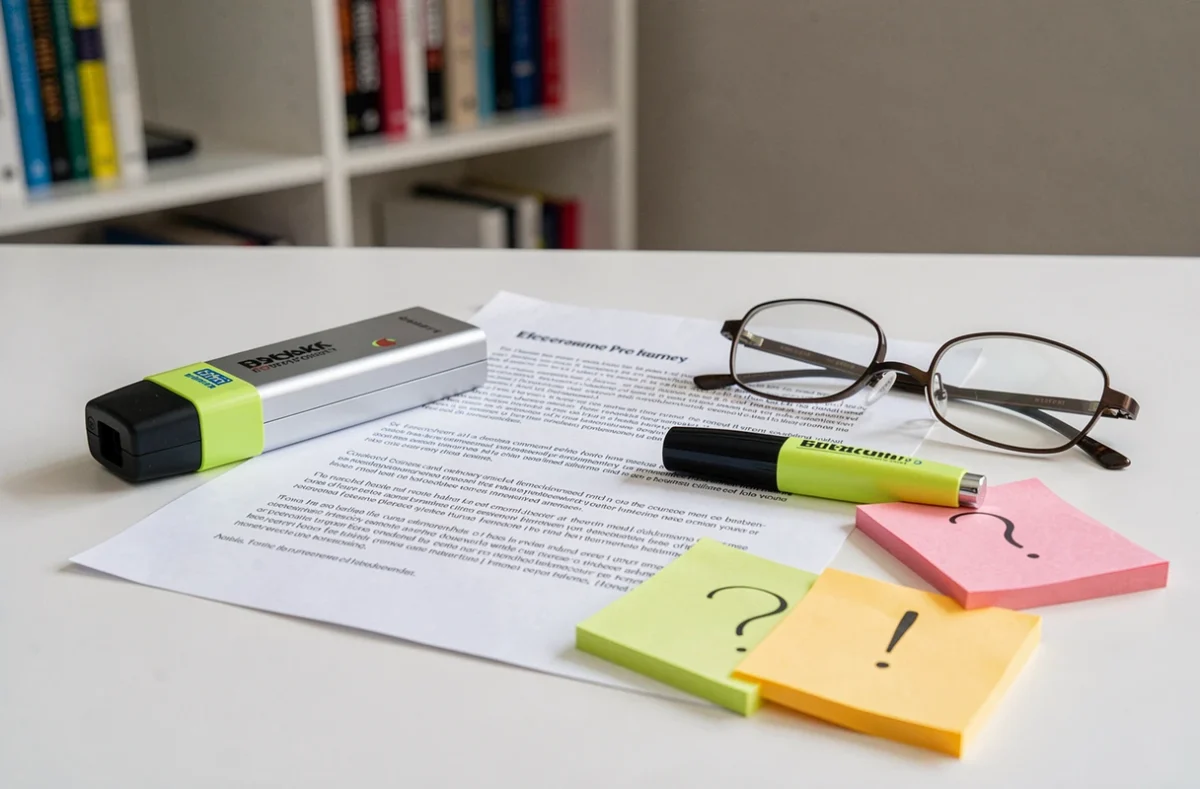 Vue à plat d'un inverseur de polarité électromagnétique entouré d'avis consommateurs imprimés et de notes manuscrites sur un bureau