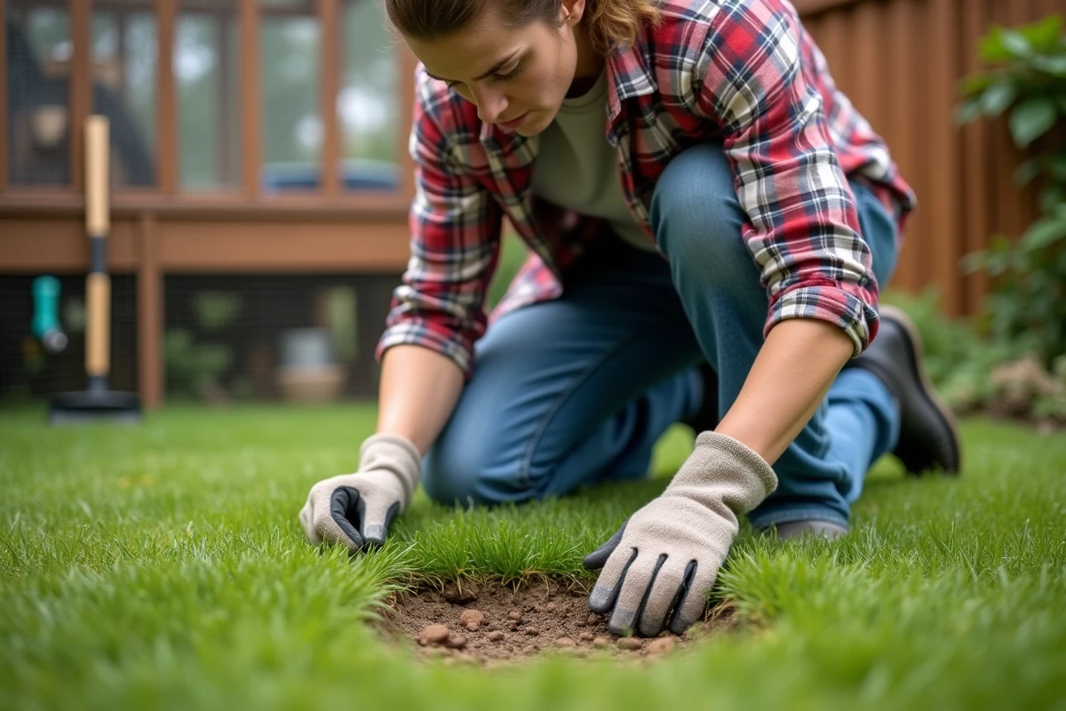 Jardinier examinant des dégâts sur la pelouse causés par des déjections de poules dans un jardin