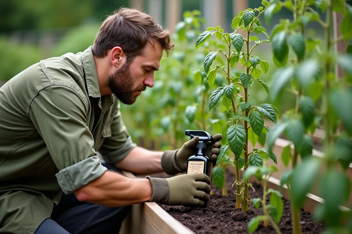 Jardinier inspectant un plant de tomate stressé après utilisation de vinaigre blanc comme herbicide
