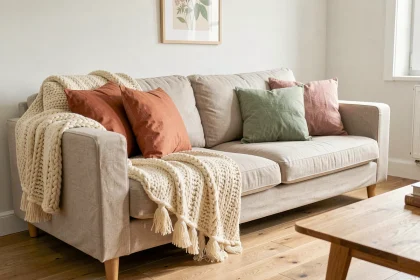 Canapé beige avec jeté en tricot crème et coussins décoratifs terracotta, vert sauge et rose poudré dans un salon scandinave