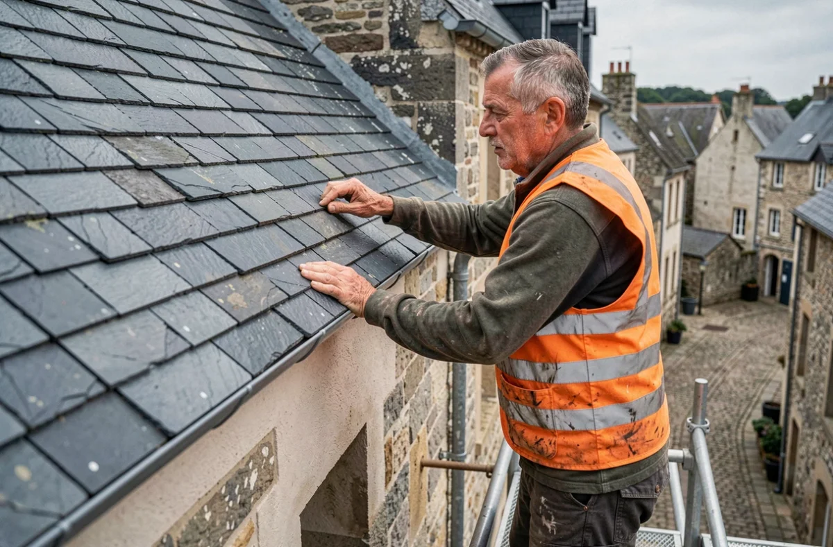 Couvreur-façadier de Label France Toitures inspectant la jonction toiture et façade d'un bâtiment en pierre à Fougères