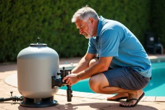 Homme effectuant un lavage à contre-courant d'un filtre à sable de piscine en actionnant la vanne multivoies