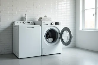 Lave-linge séchant en combiné dans une buanderie moderne avec carrelage blanc et tuyau d'eau visible