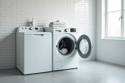 Lave-linge séchant en combiné dans une buanderie moderne avec carrelage blanc et tuyau d'eau visible