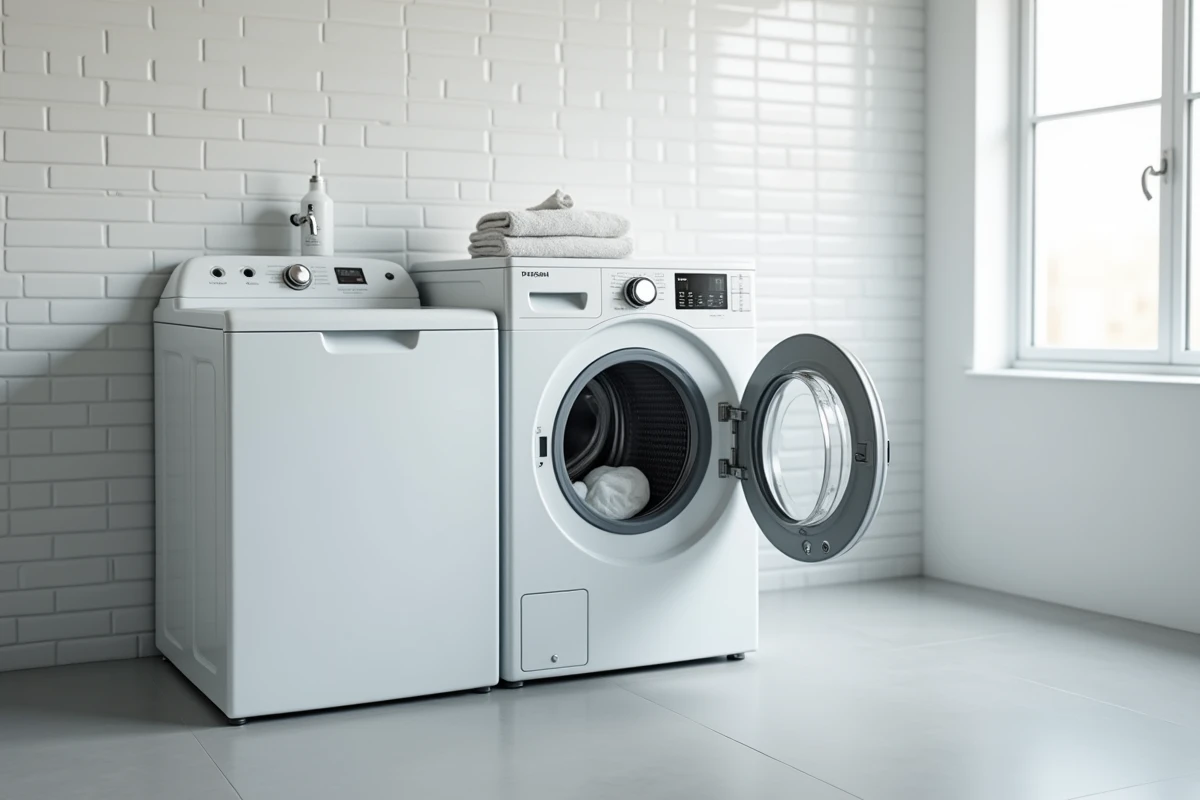Lave-linge séchant en combiné dans une buanderie moderne avec carrelage blanc et tuyau d'eau visible