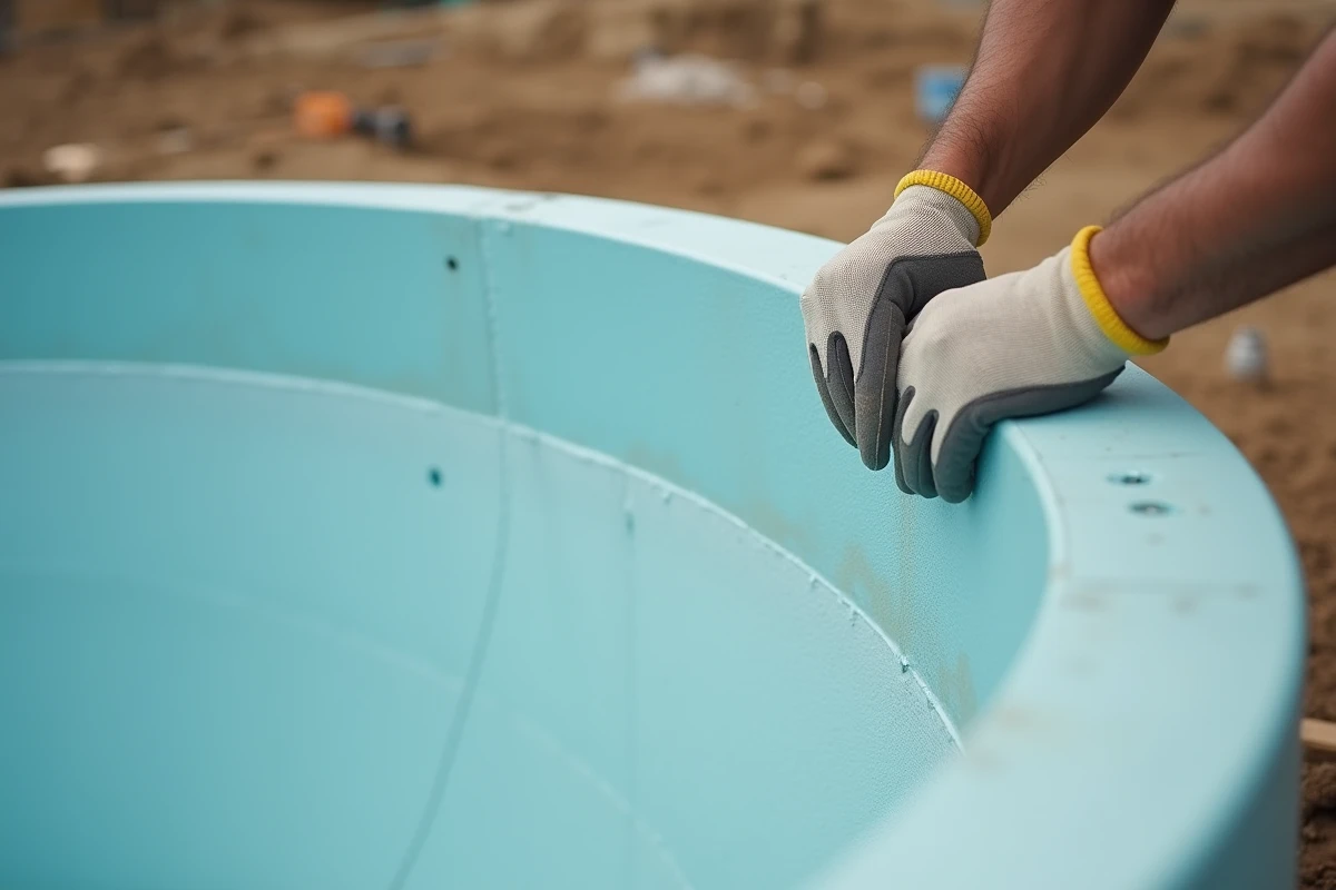 Gros plan sur une membrane liner vinyle installée dans une piscine enterrée en cours de construction