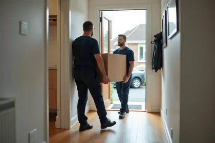 Deux livreurs professionnels portant un grand meuble en carton à l'entrée d'une maison lors d'une livraison et installation