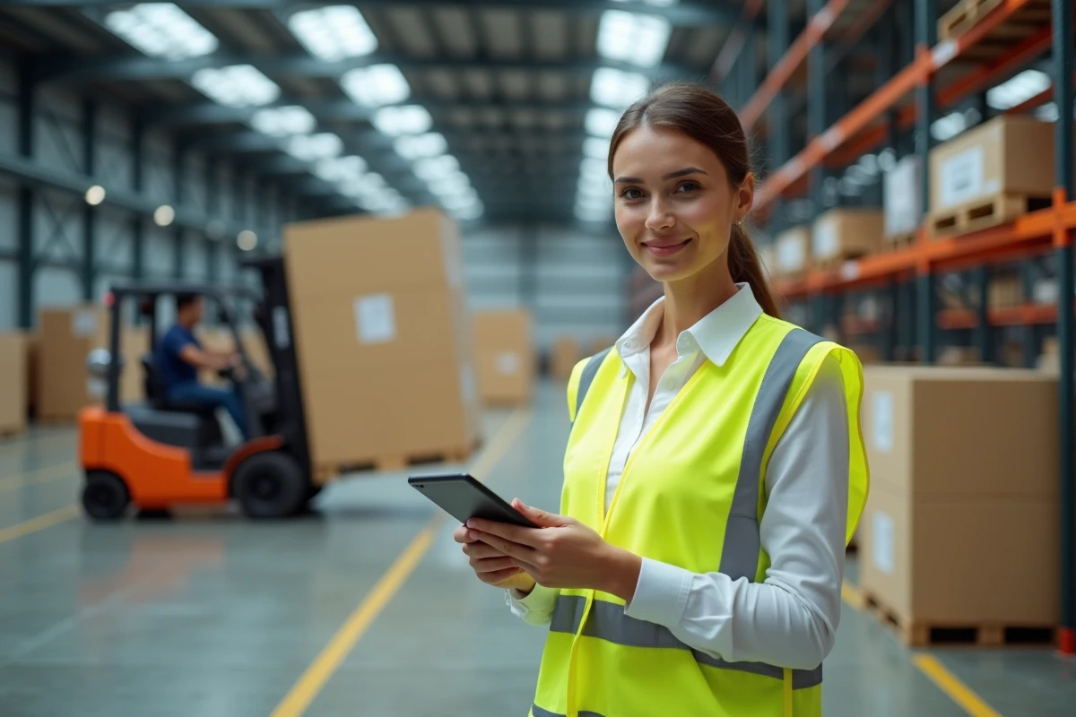 Coordinatrice logistique supervisant le transport d'une caisse volumineuse dans un entrepôt industriel