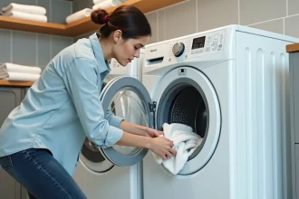Femme chargeant une machine à laver séchante dans une buanderie moderne et minimaliste