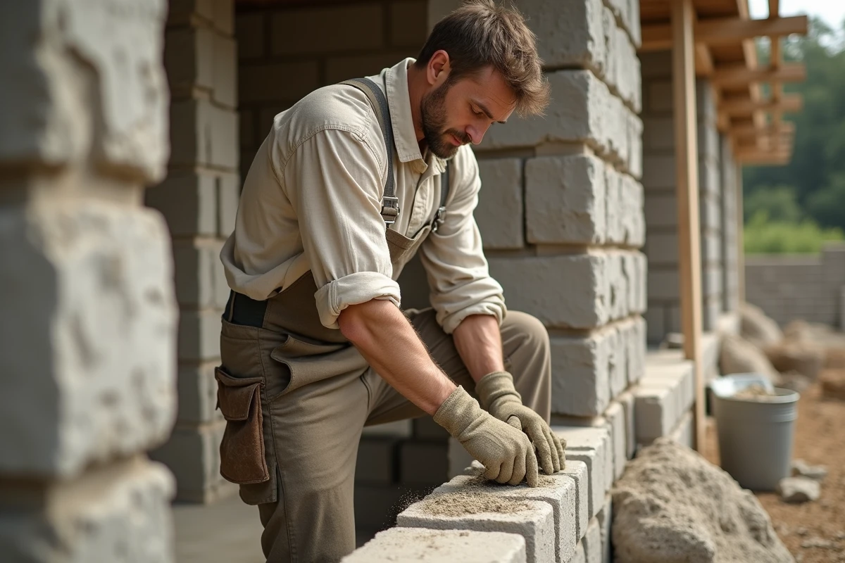 Ouvrier maçon des années 1920 appliquant du mortier de chaux sur un mur en pierre lors de la construction d'une maison