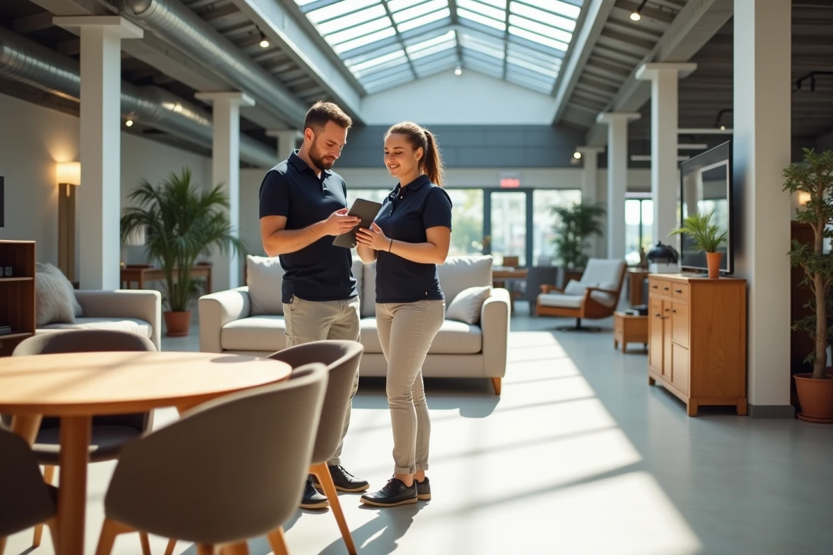 Deux conseillers de vente dans un magasin BUT examinant des meubles de salon et de salle à manger