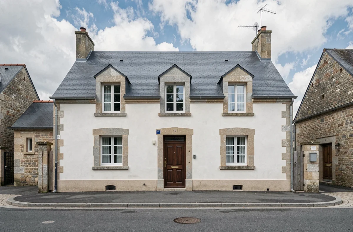 Maison bretonne à Fougères avec façade rénovée et toiture en ardoise refaite à neuf, illustrant le savoir-faire d'un couvreur-façadier local