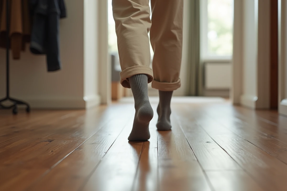 Femme marchant en chaussettes sur un parquet en noyer silencieux dans un couloir d'appartement