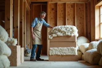Artisan comparant différents matériaux isolants thermiques comme la laine de mouton, le liège et la laine minérale dans une maison en rénovation
