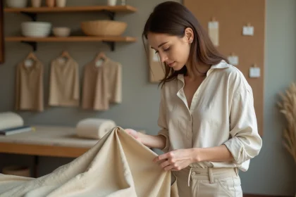 Femme inspectant des échantillons de tissu en chanvre naturel dans un atelier textile minimaliste, illustrant les matières écologiques et durables