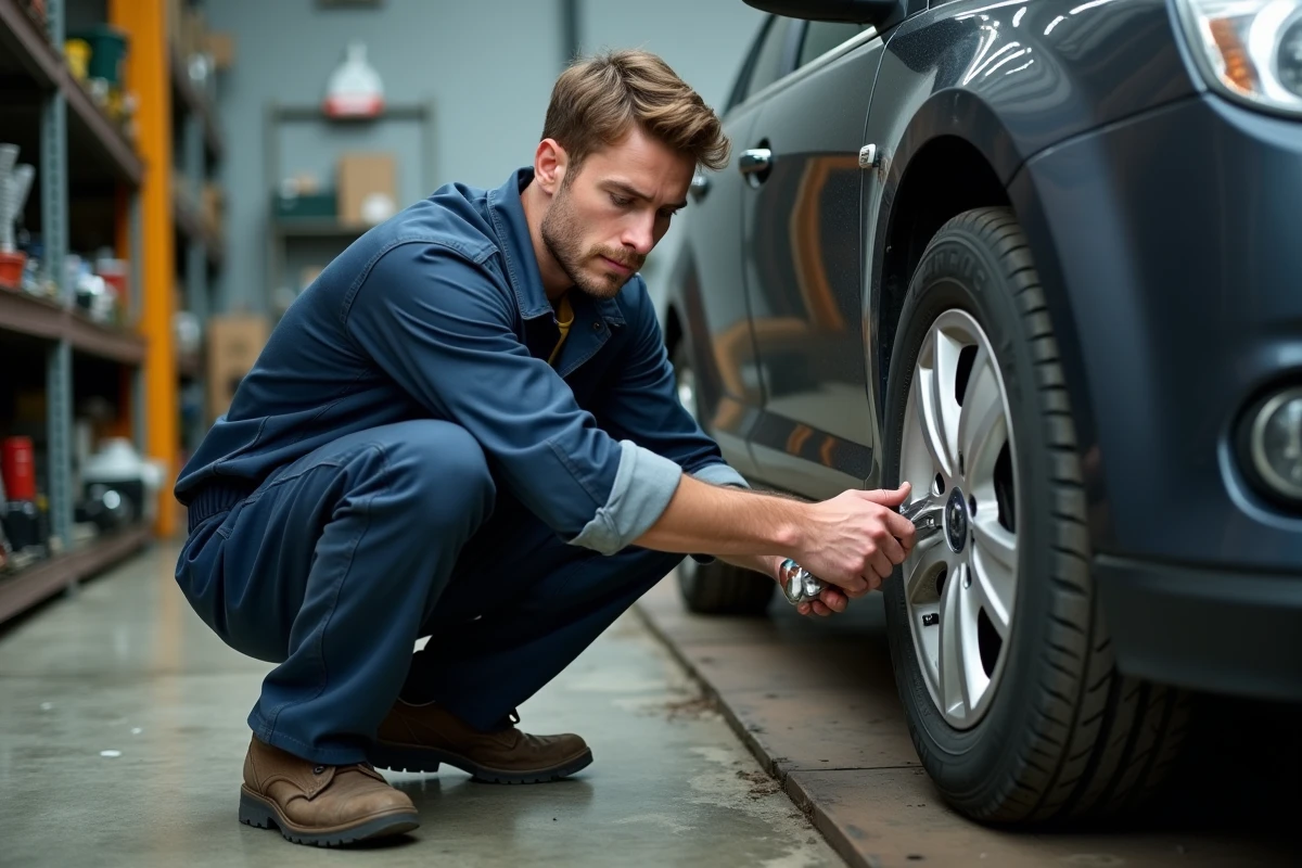 Un jeune mécanicien utilisant une clé à cliquet dans un garage automobile, illustrant le rôle essentiel des outils professionnels dans les métiers manuels