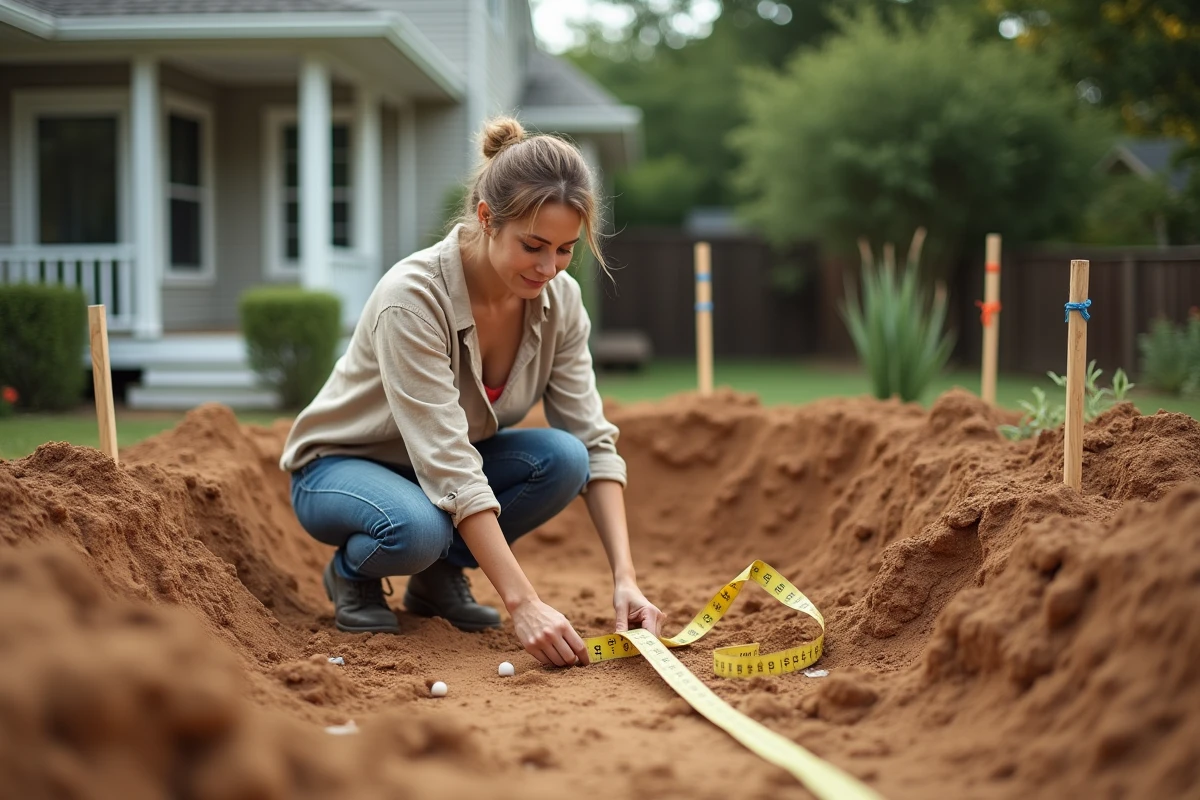 Femme mesurant les dimensions d'un chantier de piscine en cours de terrassement