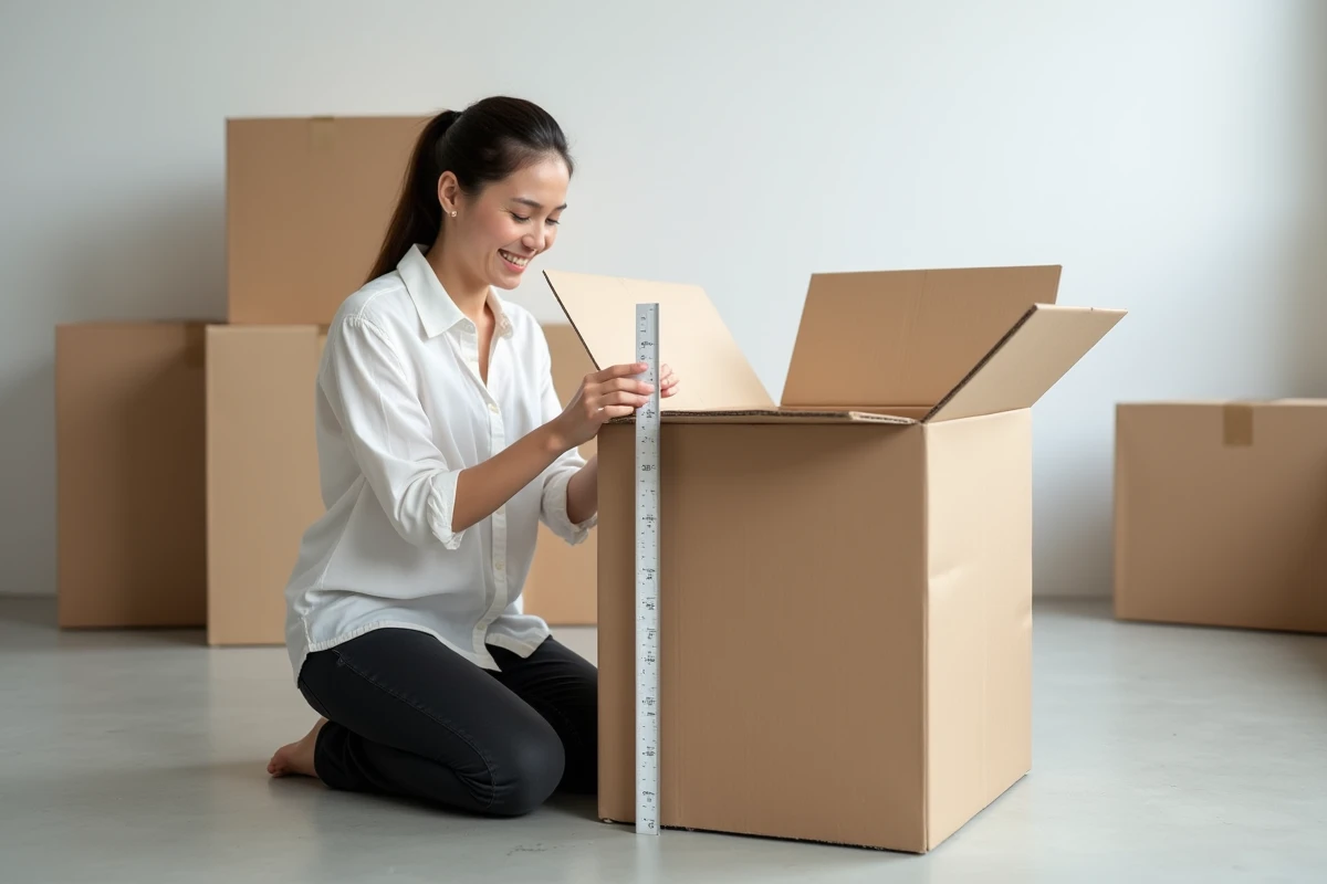 Femme mesurant la hauteur intérieure d'un carton de déménagement avec une règle graduée