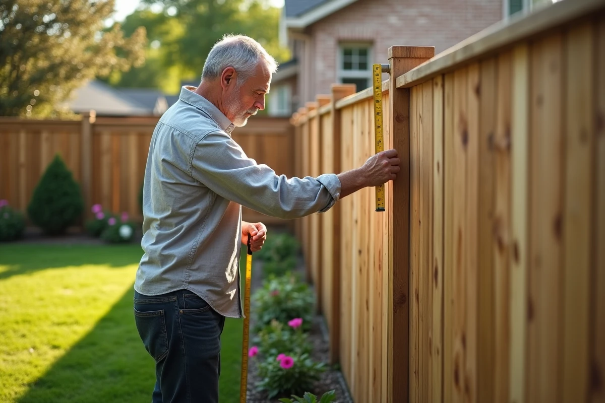 Homme mesurant la hauteur d'une clôture en bois dans un jardin suburban avec un mètre ruban jaune