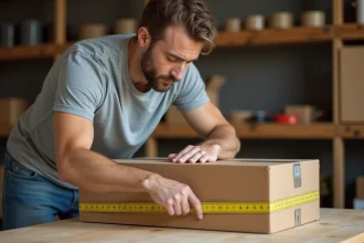 Homme mesurant la longueur d'un carton avec un mètre ruban sur un établi en bois