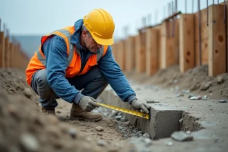 Ingénieur mesurant la profondeur d'un pilotis en béton sur un chantier de fondation