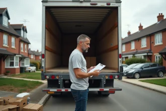 Homme mesurant l'intérieur d'un camion de déménagement avec un mètre ruban dans une rue résidentielle