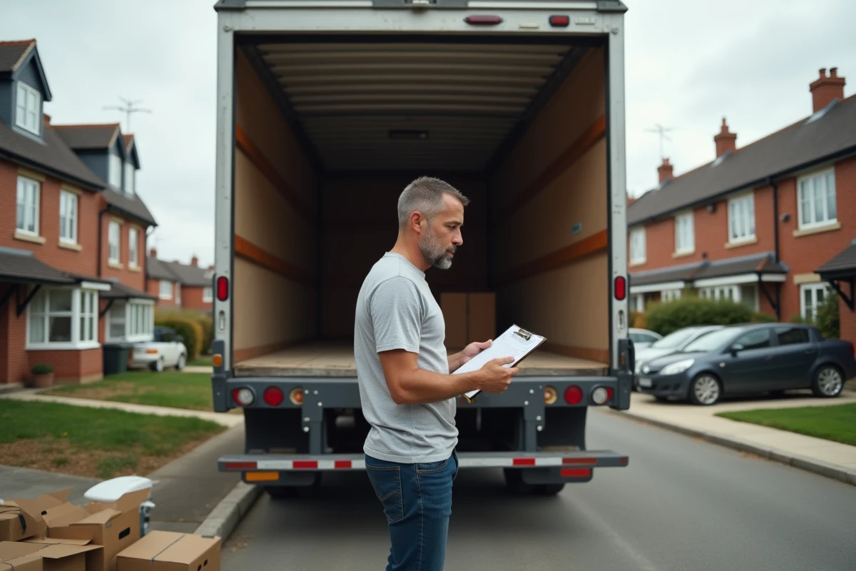 Homme mesurant l'intérieur d'un camion de déménagement avec un mètre ruban dans une rue résidentielle
