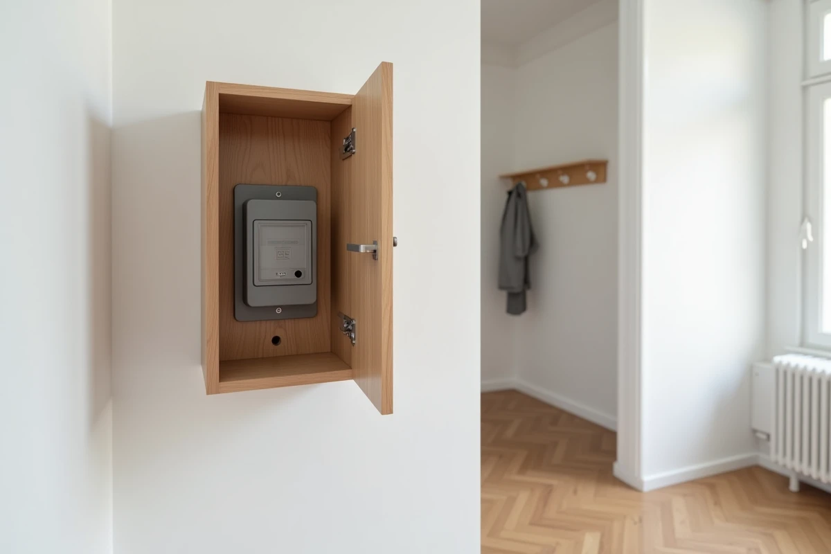 Meuble en chêne clair habillant un compteur électrique dans un couloir avec parquet en point de Hongrie