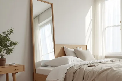 Grand miroir en chêne naturel appuyé contre le mur d'une chambre à coucher scandinave avec literie blanche et parquet clair