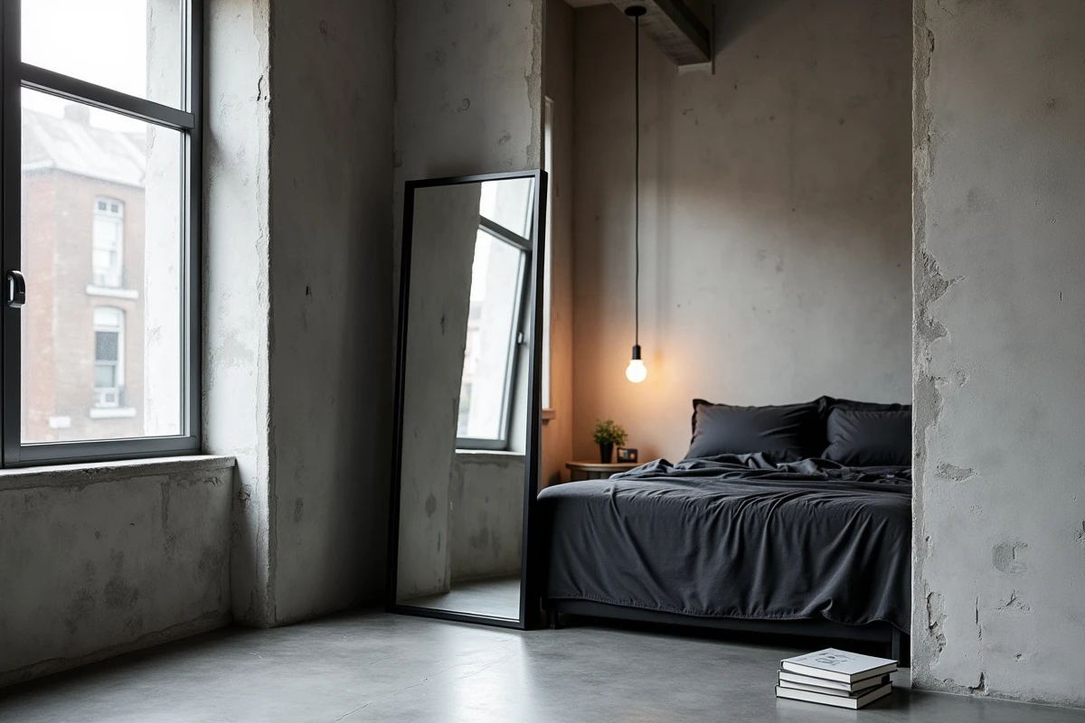 Miroir pleine longueur en métal noir dans le coin d'une chambre contemporaine avec murs en béton brut et literie anthracite