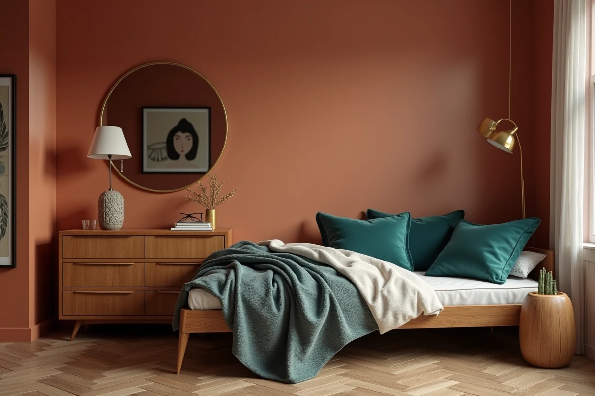 Miroir rond en laiton au-dessus d'une commode vintage dans une chambre aux murs terracotta et parquet en chevrons