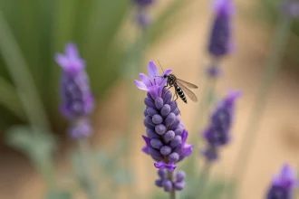 Gros plan macro d'un moustique posé sur une tige de lavande en fleur dans un jardin provençal