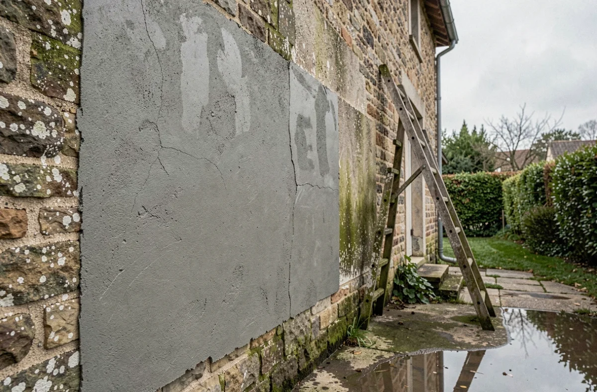 Mur extérieur en cours d'enduisage avec zones humides et algues visibles avant traitement