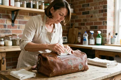 Femme nettoyant un sac en cuir moisi avec un chiffon doux et un produit nettoyant sur une table en bois rustique