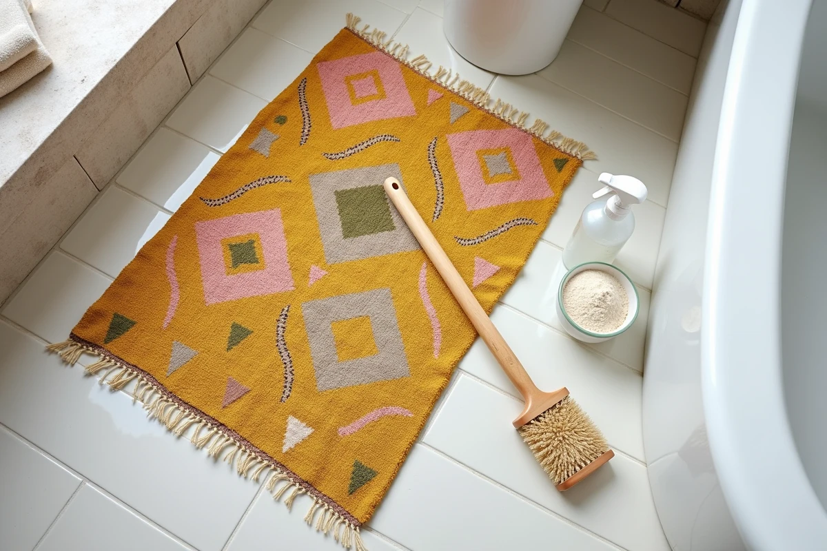 Gros plan sur un tapis kilim marocain coloré en cours de nettoyage avec une brosse, du bicarbonate et du vinaigre blanc sur un carrelage blanc