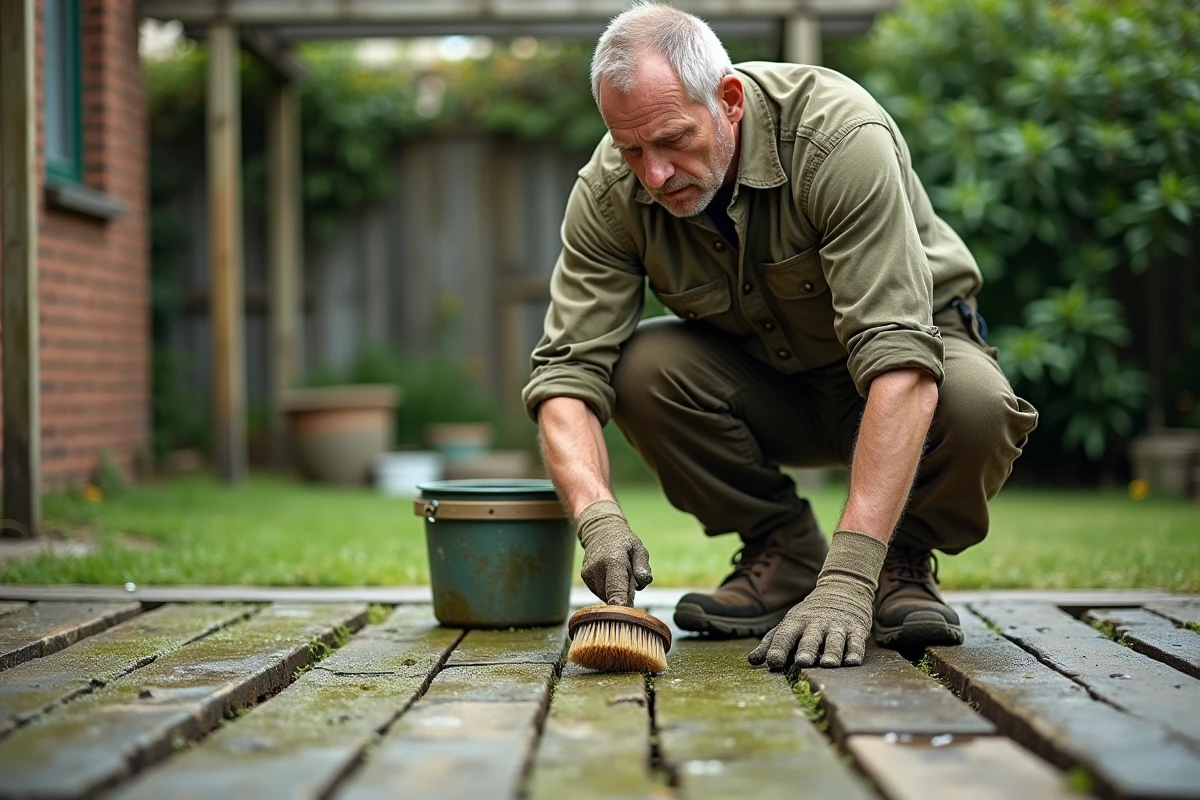 Homme nettoyant une terrasse en bois vieilli avec une brosse et un produit désincrustant dans un jardin