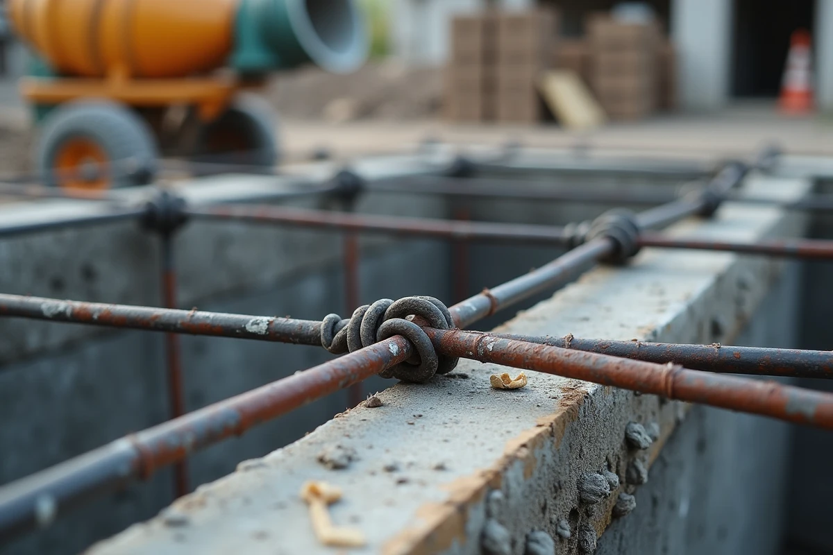 Gros plan sur les nœuds de fil de fer reliant les barres d'armature dans une fondation en béton