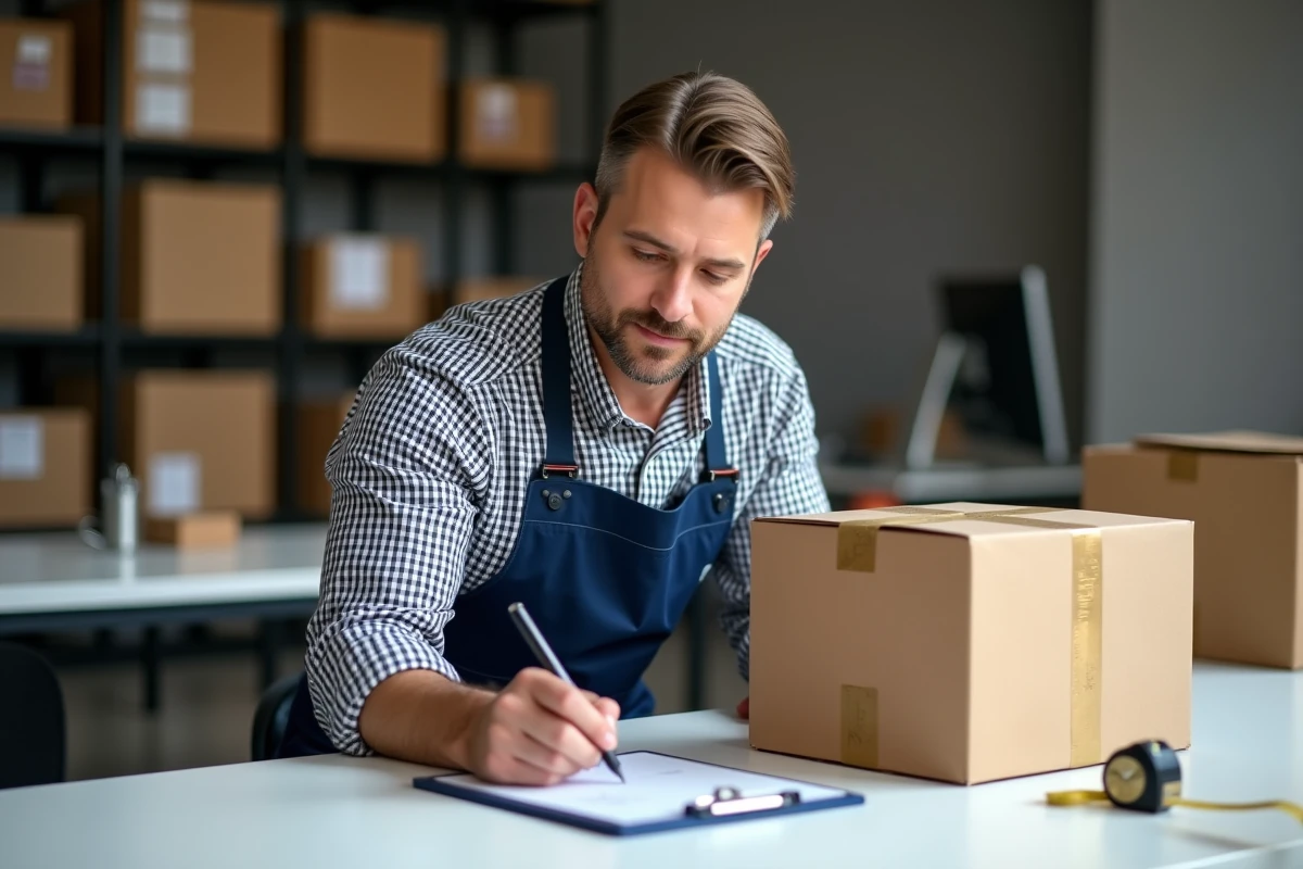 Homme notant les dimensions d'un colis sur un presse-papier dans un bureau logistique