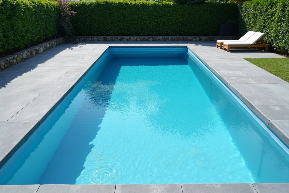 Piscine rectangulaire avec un nouveau revêtement PVC bleu installé dans un jardin résidentiel moderne