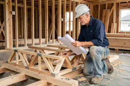 Ouvrier en bâtiment examinant une poutre POSI sur un chantier de construction en ossature bois