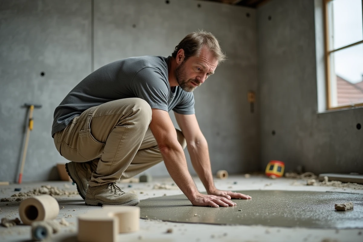 Ouvrier vérifiant le séchage d'une dalle en béton avant la pose de carrelage dans un chantier intérieur