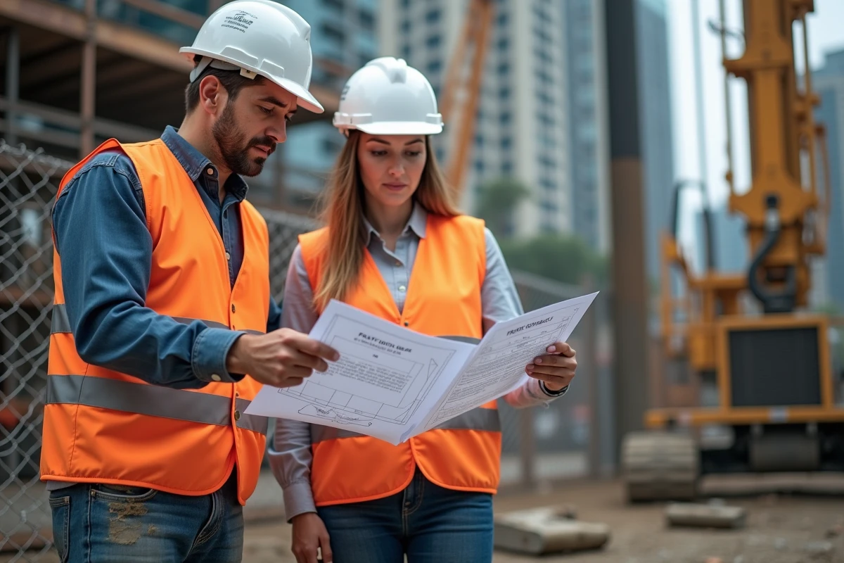 Deux ouvriers consultant des plans de fondations devant une machine de battage de pilotis sur chantier urbain